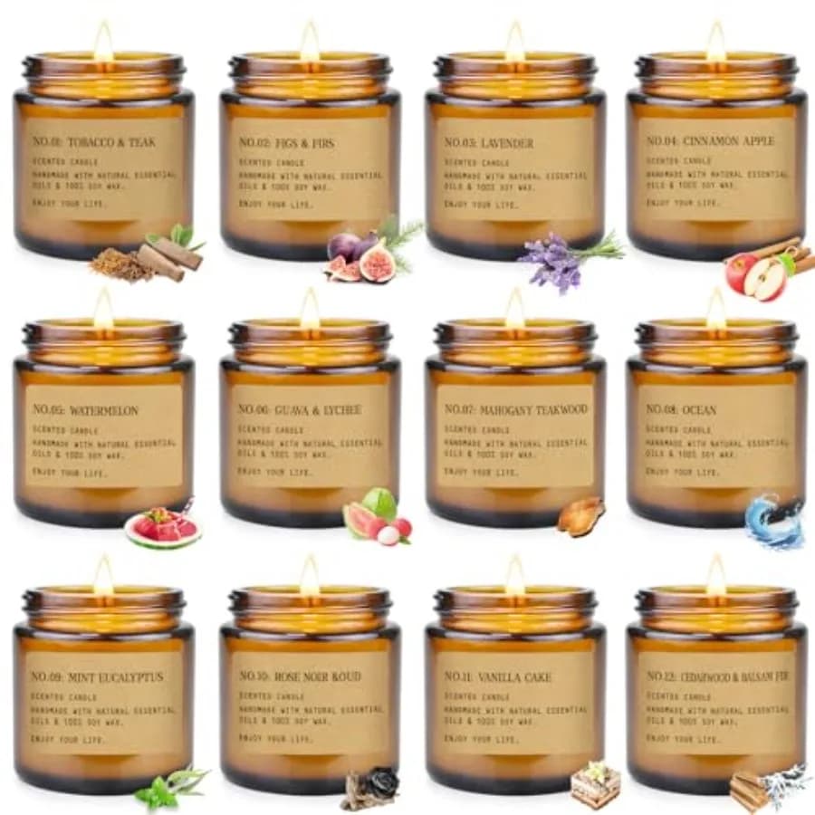 Set Regalo di Candele Profumate, 12 Candele Aromaterapiche per Casa, Candele in Barattolo per Aromaterapia, Regalo per Donne, Candele Naturali di Soia