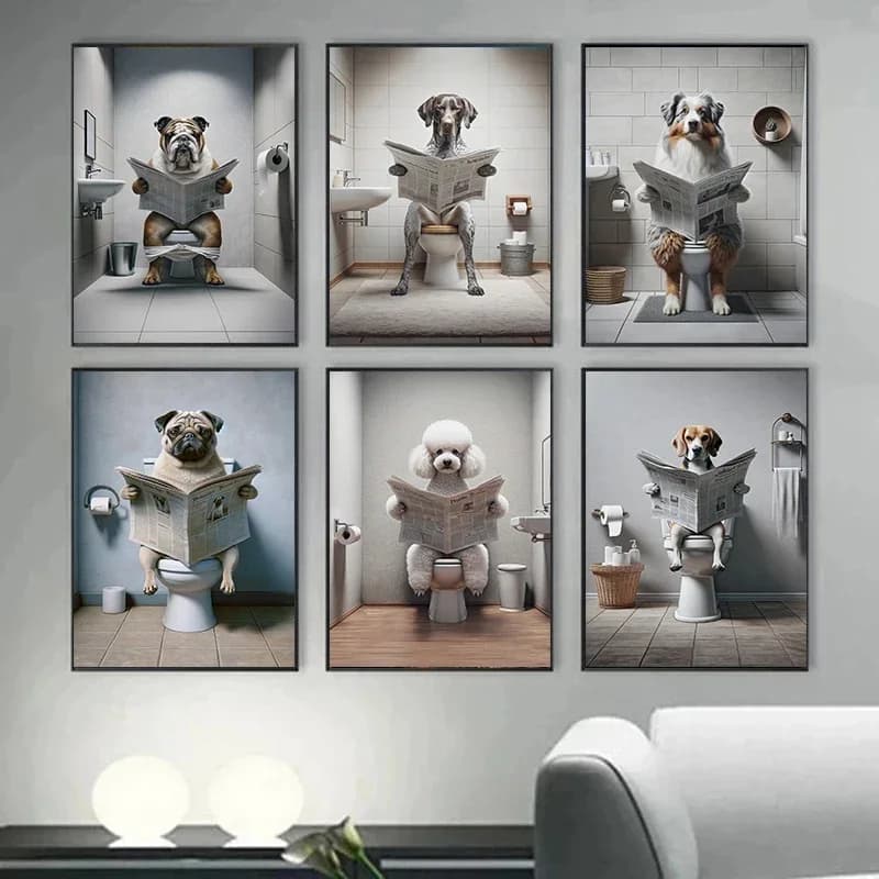 Toilet Dogs Lettura Giornali Divertenti Poster Rottweiler Doberman Barboncino Tela Pittura Bagno Wall Art Immagine Home Decor