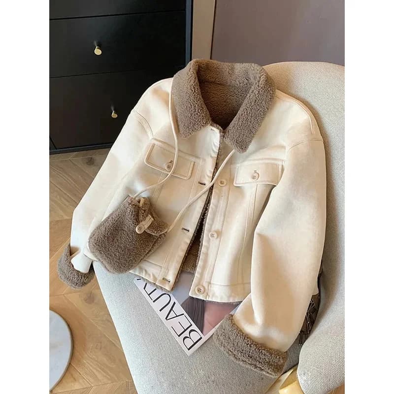 Suede Velvet Lamb Jacket Women Autumn Winter Thick Warm Turndown Collar Coat Y2K Loose Streetwear All Match Long Sleeve Outwear