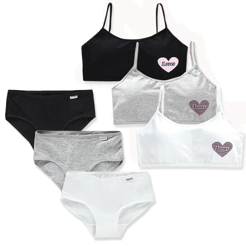 Set cotton bra and briefs for teenage girls, with no interruption, with Love print, for girls, students and girls.