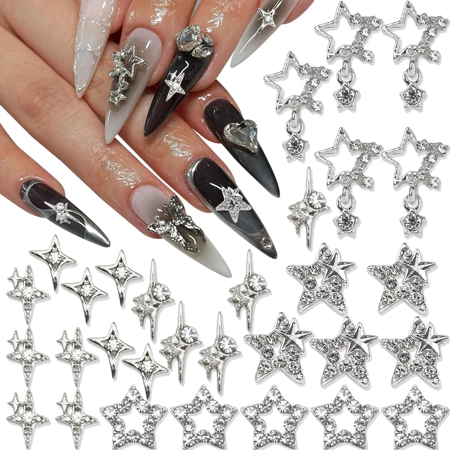 30PCS Argento Stella Pendenti E Ciondoli Per Unghie Lucido 3D Stelle Gemme Per Unghie Starlight Gioielli Per Unghie Y2K Pendenti E Ciondoli per Unghie Acriliche Decorazione Met