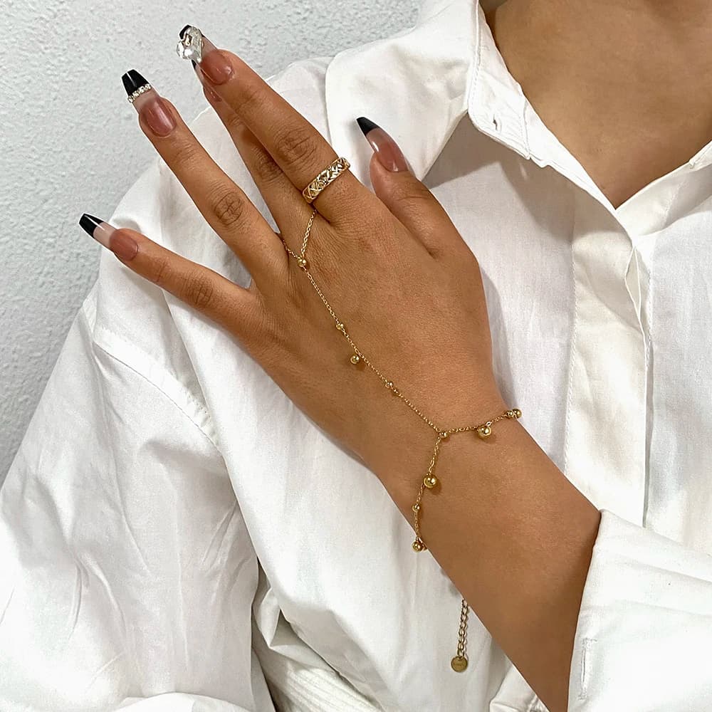 Irregular Balls Beads Chain Bracelet for Women Link Connected Stainless Steel Finger Ring Bracelets Hand Harness Jewelry