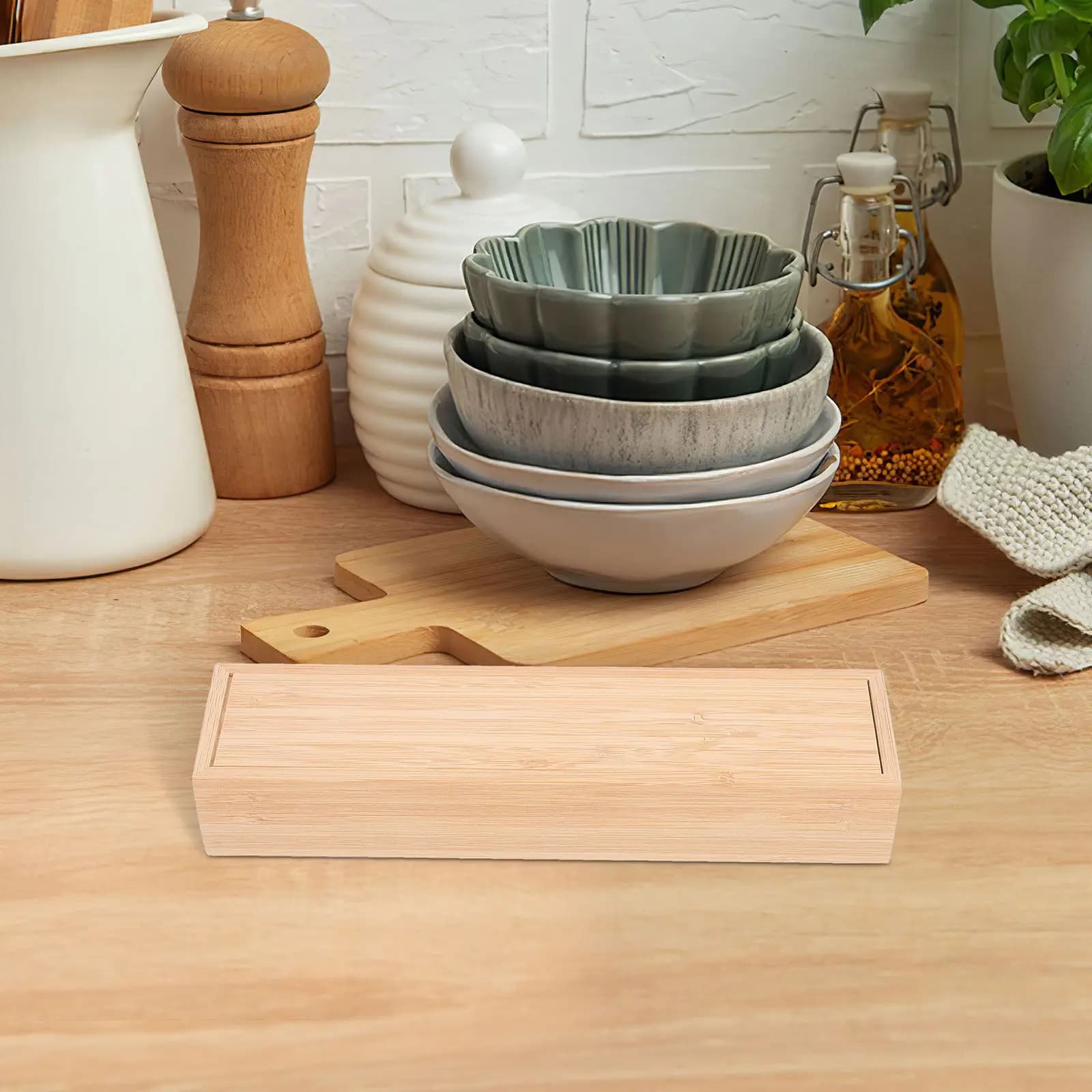 1Pcs Bamboo Knife Fork Storage Box Tableware Organizer Kitchen Countertop Holder Chopsticks Spoons Box Tableware Organizer