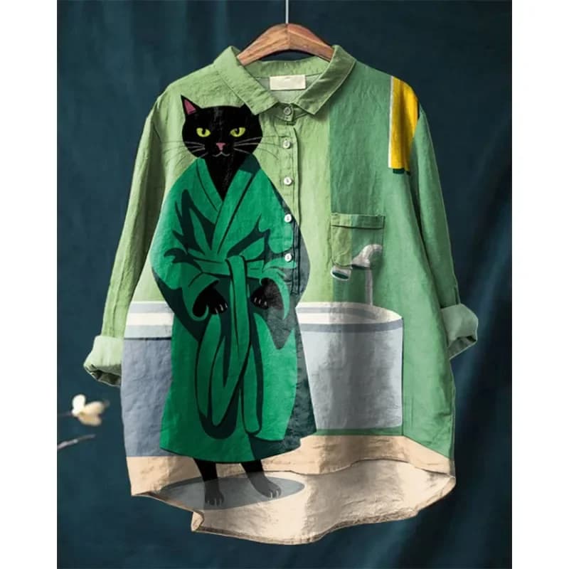 Arte giapponese simpatico gatto verde stampa artistica camicia casual cool camicette Harajuku colletto alla coreana camicie larghe e accoglienti top da donna carini