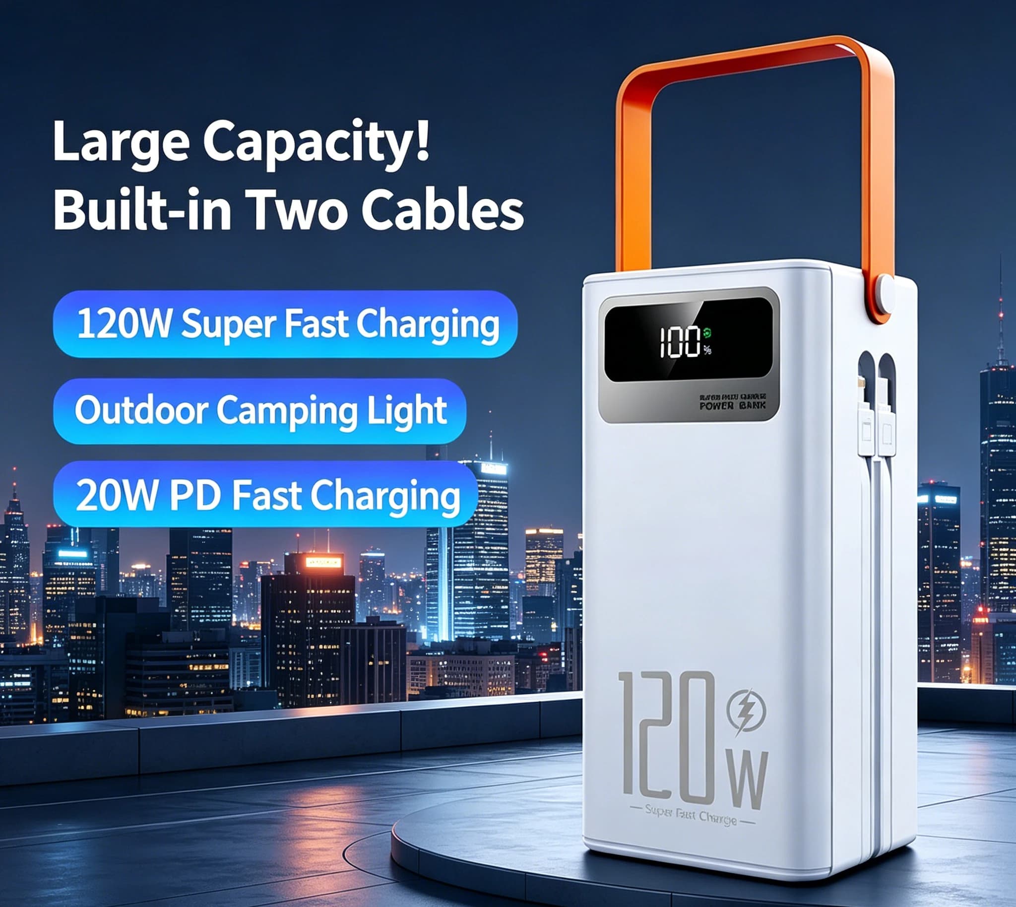 120W Fast Charging, Built-in Cable Intelligent Digital Display 50000mAh Capacity and Portable Power Source