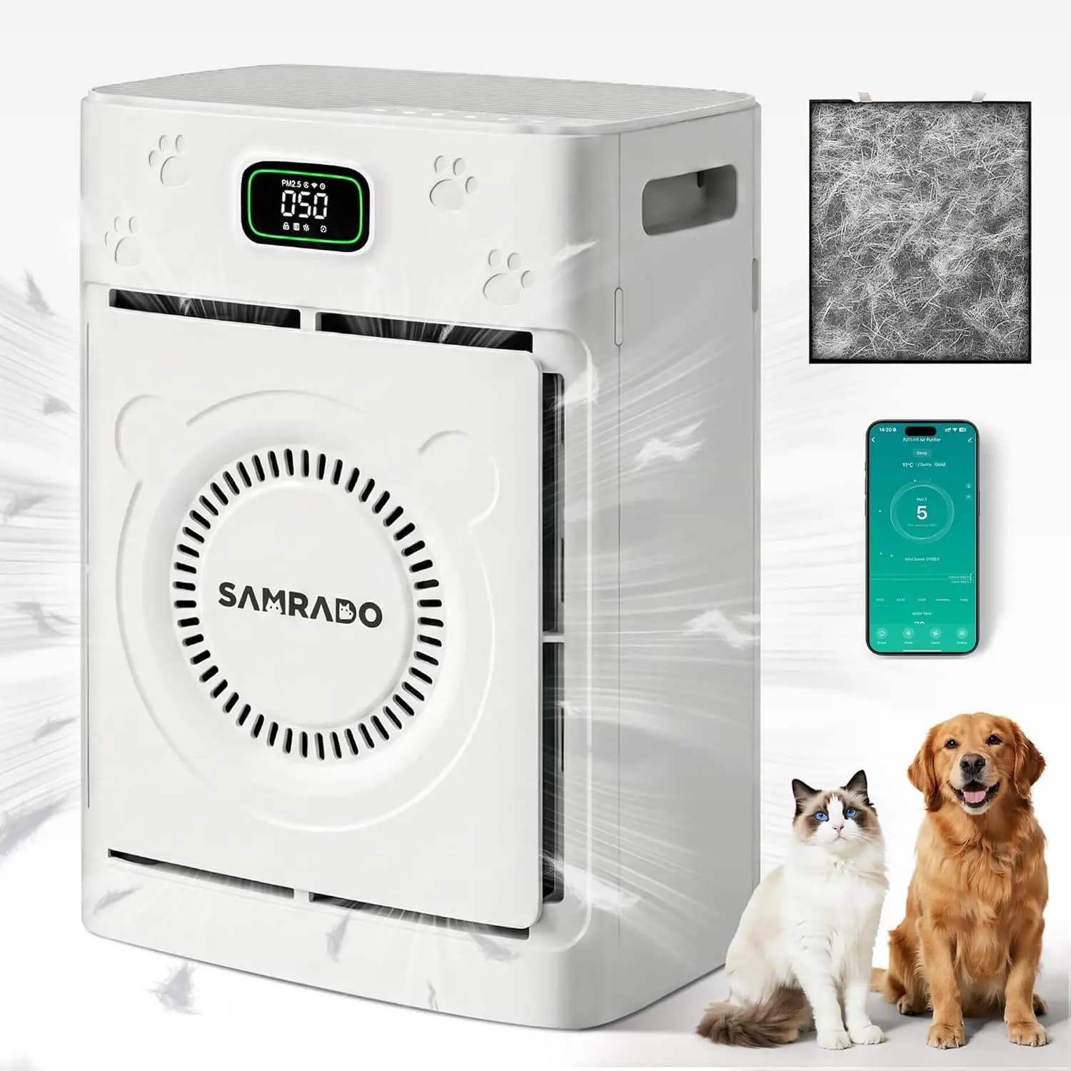 Purificatore d'aria intelligente per peli di animali domestici, filtro HEPA H13, copre 2500 piedi quadrati, controllo WiFi, bianco