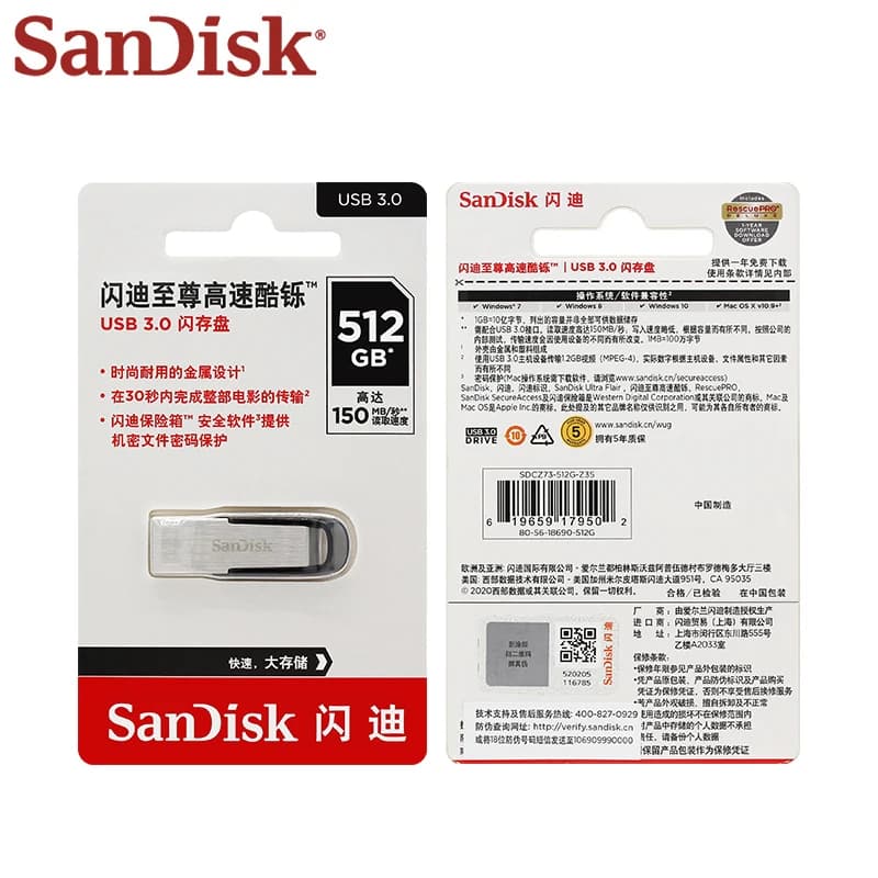 SanDisk USB3.0 Flash Drive 512GB 256GB 128GB 64GB 32GB 16GB Encrypted High Speed Udisk CZ73 Original Memory Stick for Computer