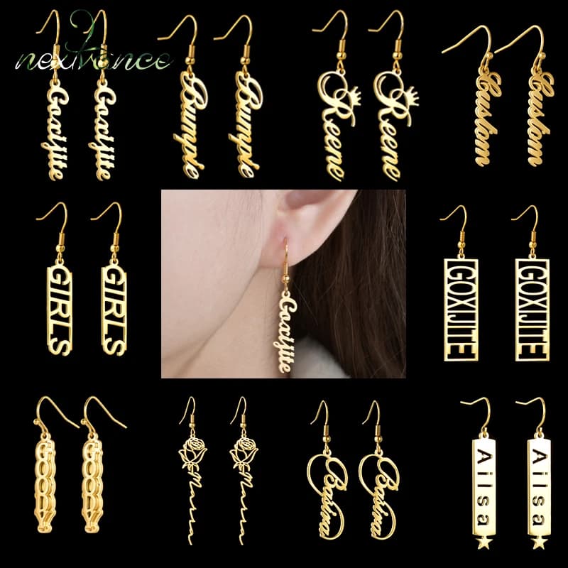 Nextvance Orecchini con nome personalizzato Targhetta personalizzata con goccia d'orecchio classica in acciaio inossidabile per accessori per donne e ragazze Regali di gioielli