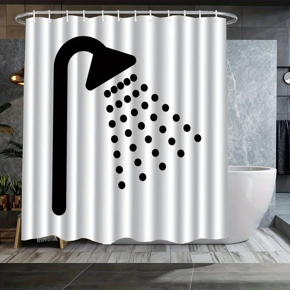 Tenda da doccia in bianco e nero con motivo soffione Decorazione da bagno impermeabile Tende da bagno geometriche semplici