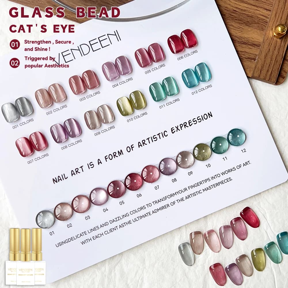 Vendeeni 12 colori/set Gemma di cristallo Cat Eye Gel Smalto per unghie UV magnetico Soak Off Gel Vernice Perlina di vetro Gel per occhi di gatto con display