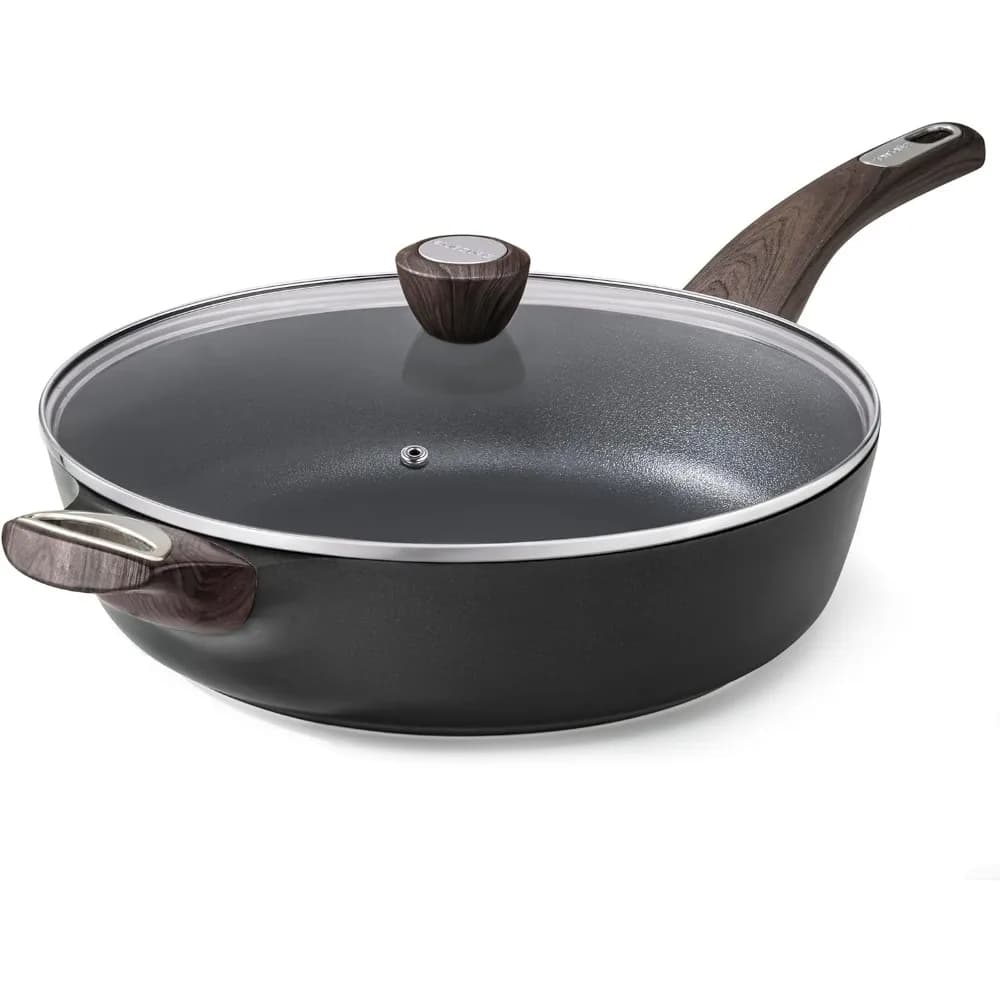 Padella Antiaderente Grande e Profonda con Coperchio, 12 Pollici 5 Qt, Compatibile con Induzione, Manico Ergonomico, Senza PFOA