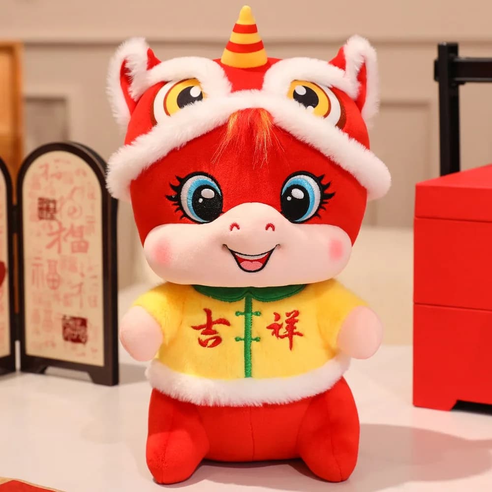 Divertente cavallo in stile cinese farcito rosso con vestito Tang mascotte di Capodanno simpatico cartone animato animale fortunato pony decorazioni per la casa