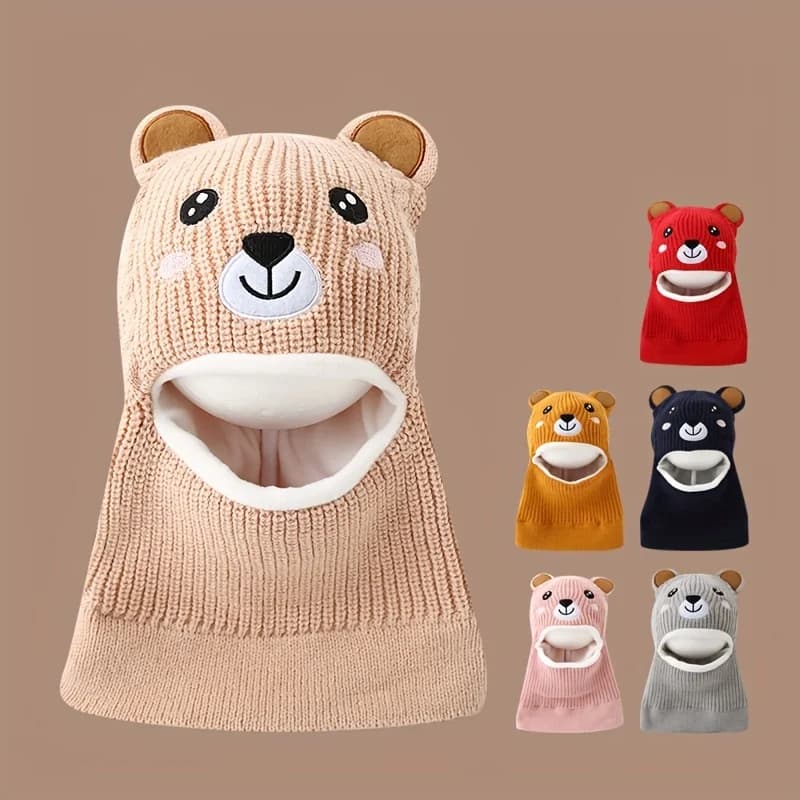 Cappello invernale lavorato a maglia con animali da cartone animato da 1 pezzo con paraorecchie per ragazzi, cappuccio foderato termico in poliestere, berretto caldo per escursioni all'aperto natalizie