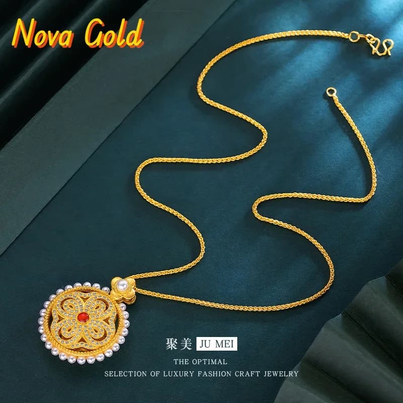 NovaGlod 2025 nuova collana con ciondolo a disco a quattro foglie in stile oro vero 24K Seiko Palace 9999 con perle intarsiate e filamento cavo