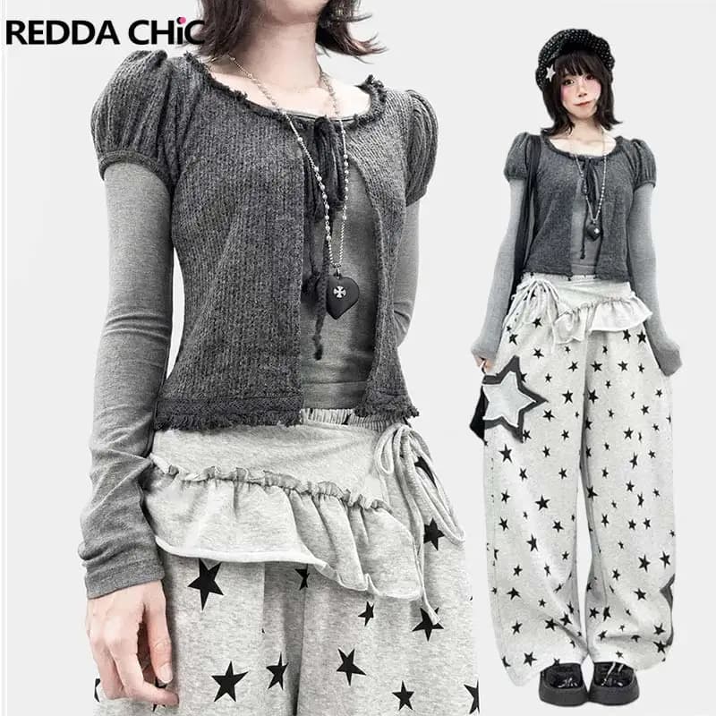 REDDACHiC Puff Sleeve Cardigan Top Two-piece Set Women Korean Gray Bandage Layering Slim T-shirt Cardigan Grunge Fall Clothes