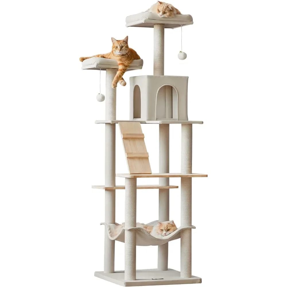 MWPO Grande albero per gatti moderno, torre per gatti in legno da 70,1 pollici per gatti da interno, condo per gatti alto multilivello con 2 posatoi imbottiti, amaca,