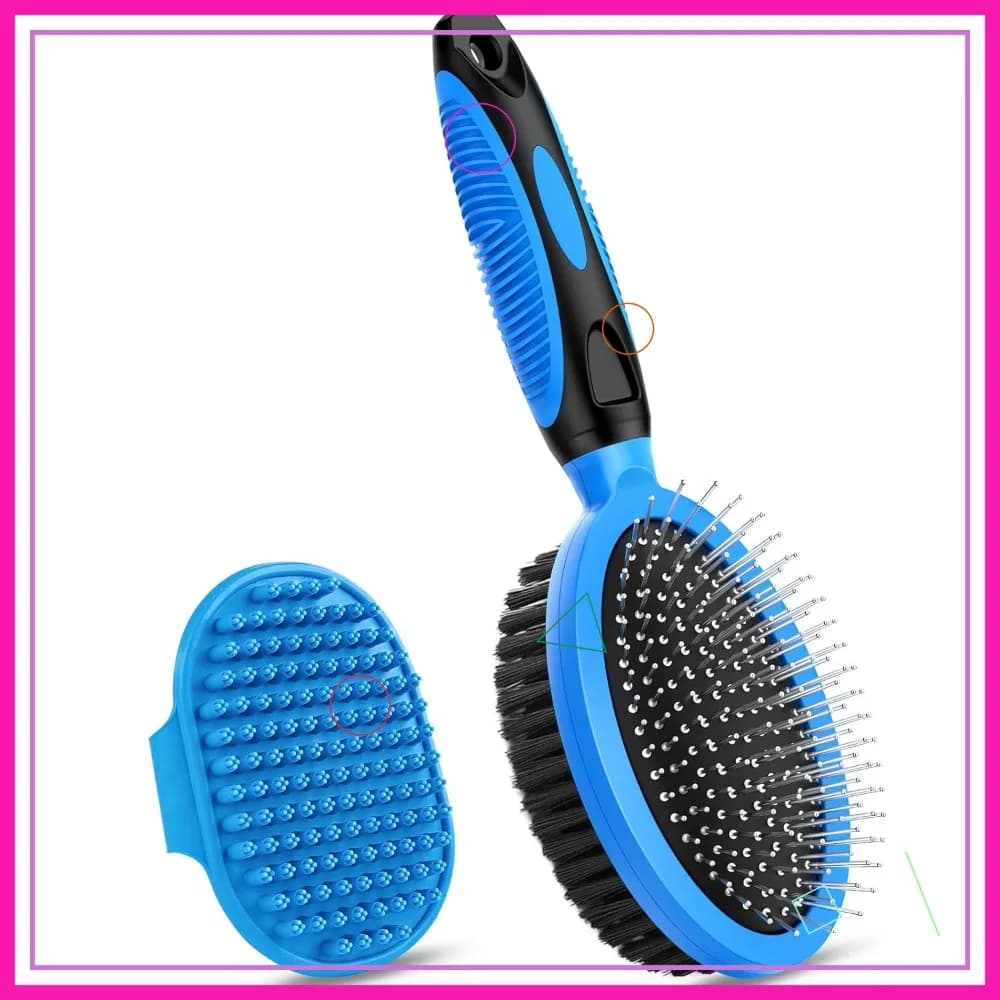 2 strumenti per la toelettatura degli animali domestici - Spazzola a doppia faccia per la rimozione del pelo e il bagno, per cani, gatti, cavalli (blu)