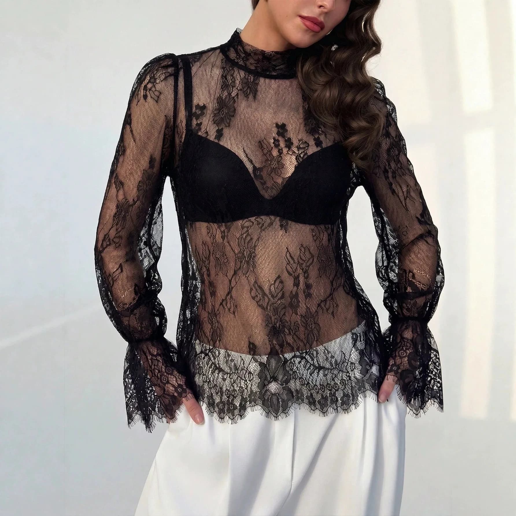Women's Mock Neck Long Flare Sleeve Full Sheer Lace Slim Fit Comfortable Casual Versatile Trendy Elegant Transparent Mesh Blouse