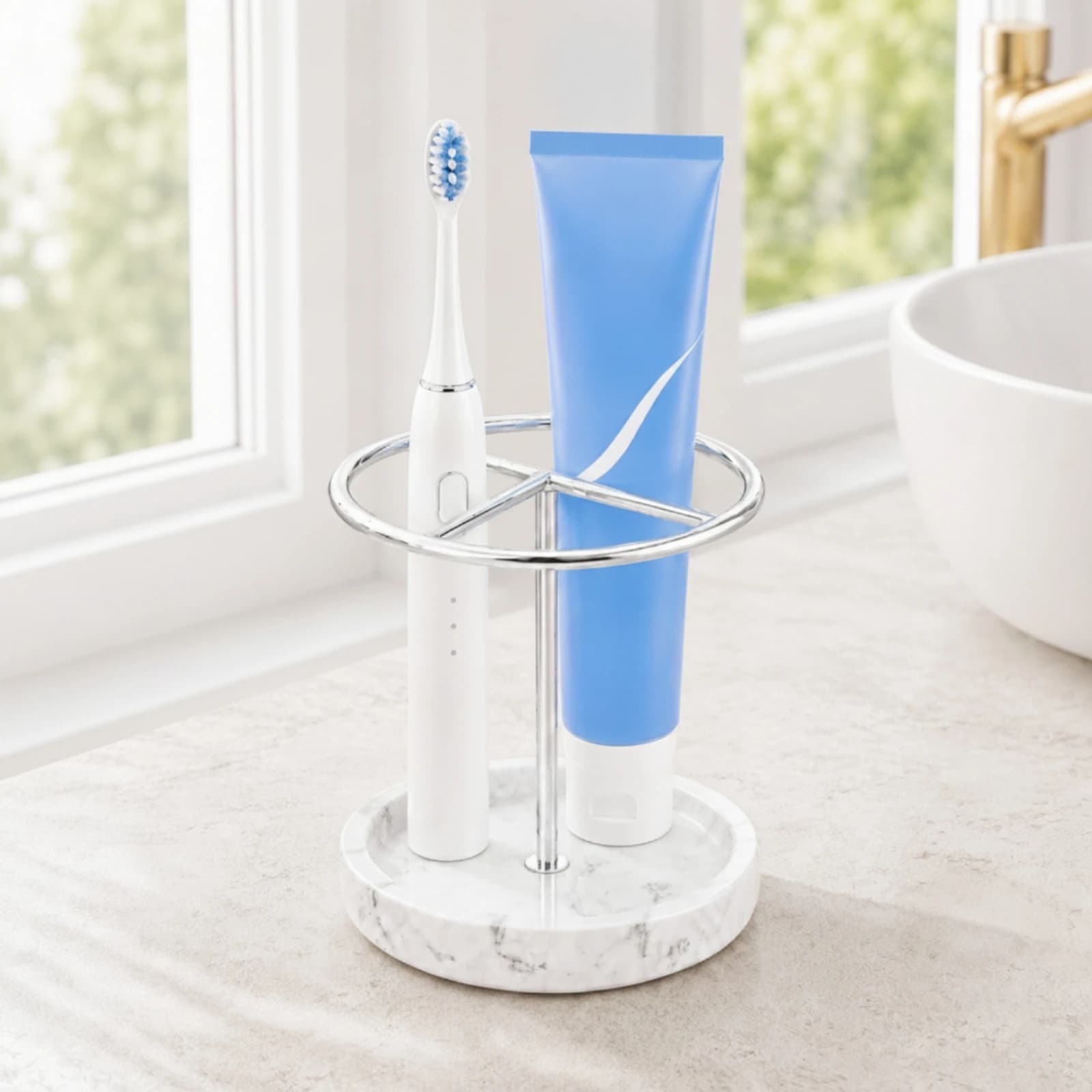 Toothbrush and Toothpaste Holder Rustproof Toothbrush Holder with Resin Base Countertop Organizer Marble-Like Compact