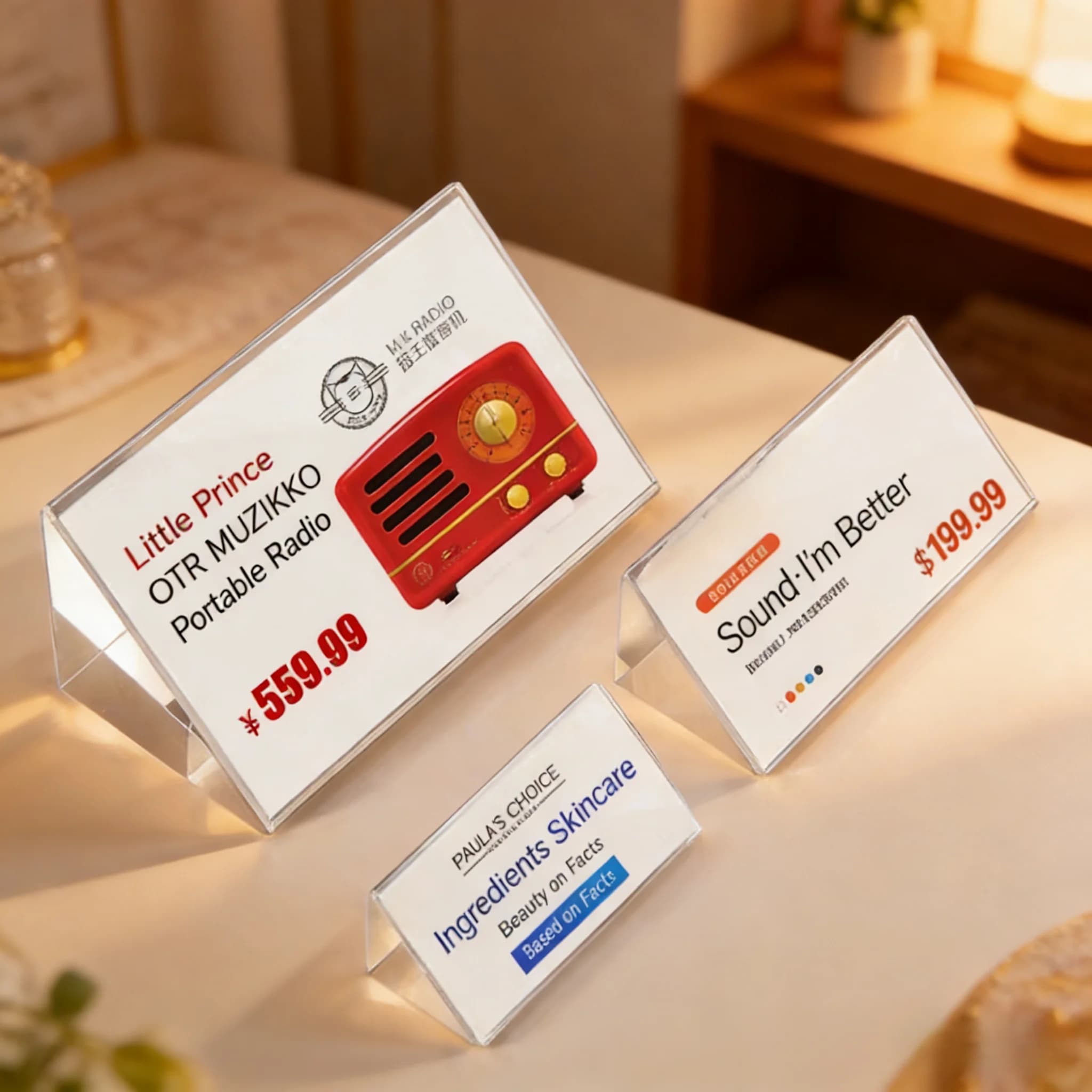 5 Pezzi 50x25mm /70x30mm Mini Porta-Cartelli in Acrilico Espositore da Tavolo per Numeri, Menu, Etichette Prezzi e Cartellini