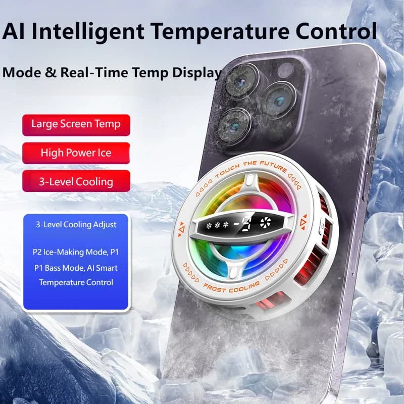 2 in 1 Magnetic Semiconductor Phone Cooler Gaming Radiator with RGB Light Temp Display Clip Stand for iPhone Android Tablet