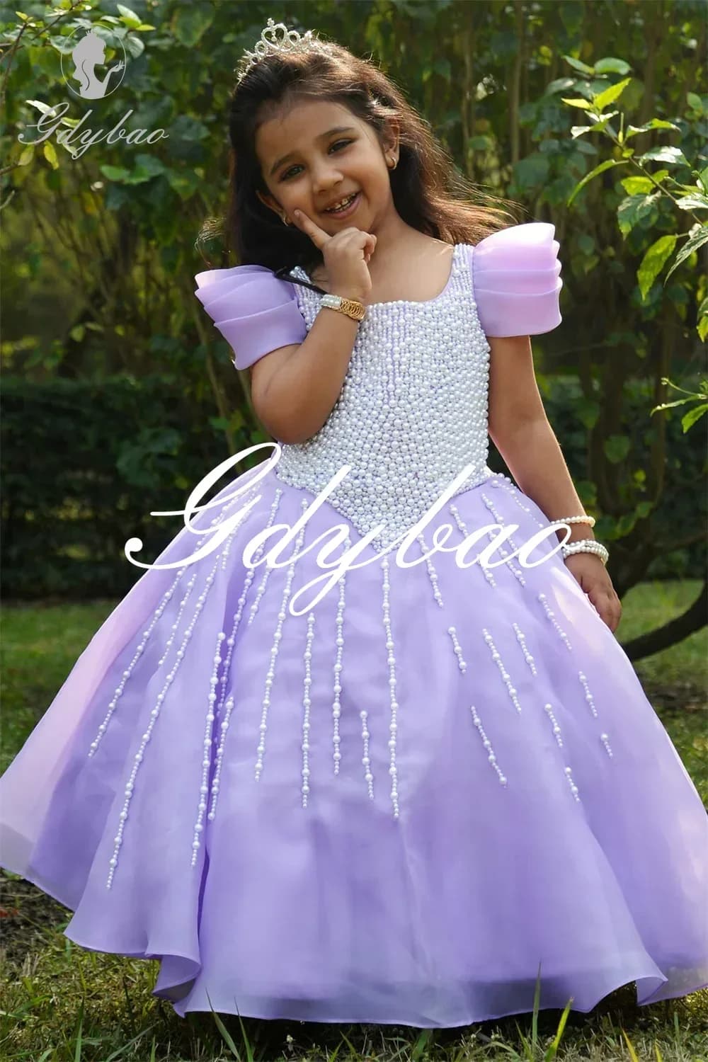 Perline manica corta a sbuffo Luxury Classic Flower Girl Dress lunghezza alla caviglia palla lunga elegante abito da prima comunione personalizzato 2024