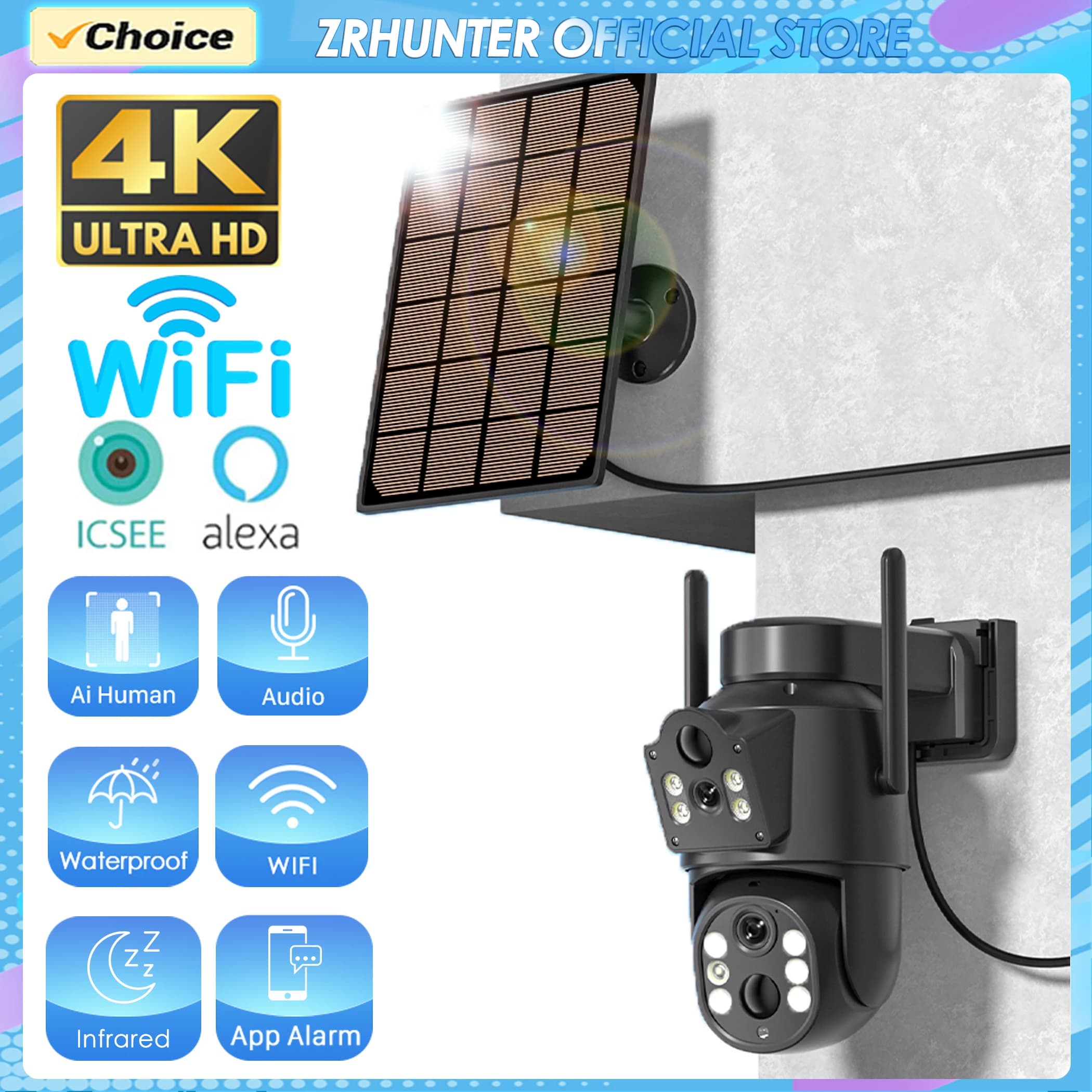 Telecamera WiFi solare 4K HD Batteria incorporata per esterni Batteria di ricarica a doppia lente PIR Rilevazione umana Video sorveglianza PTZ iCSee