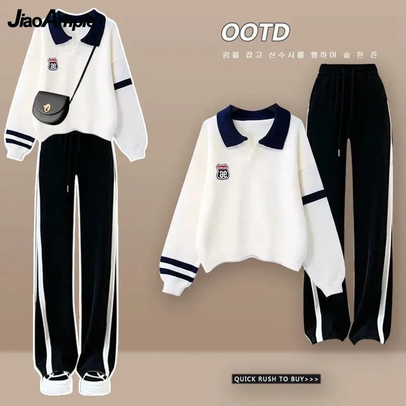 2025 Spring New Polo sweater + casual wide leg sports trousers Women's suit in two pieces Set Outfit sportswear elegant Korean
