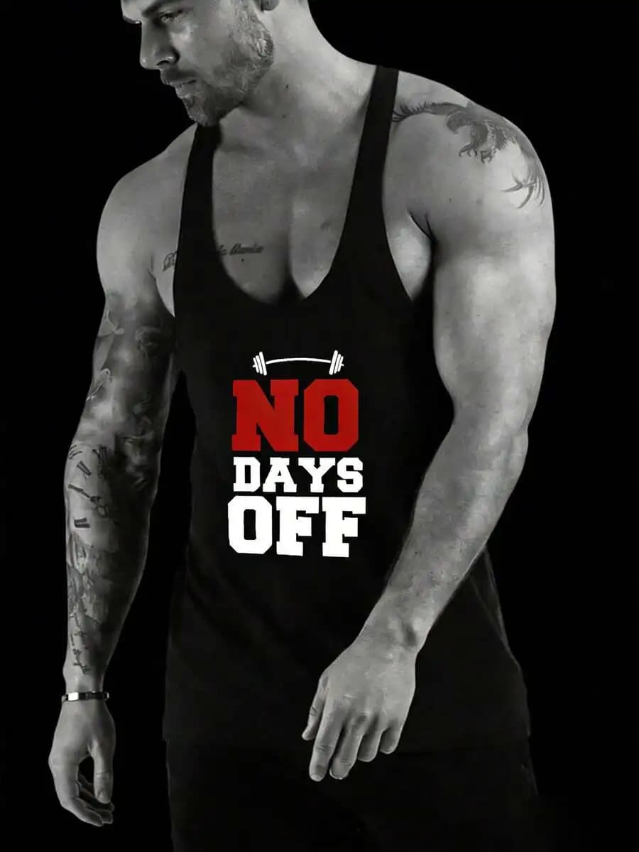 Canotta da allenamento da uomo con scollo racerback e grafica con manubri 'No Days Off' per allenamento in palestra e fitness