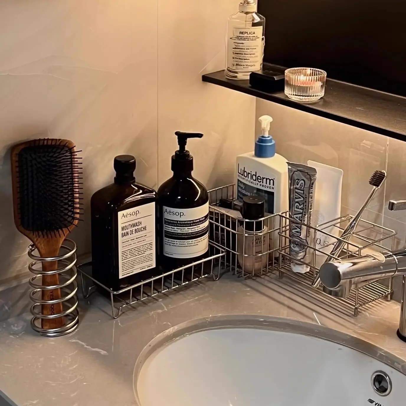 Stainless Steel Bathroom Vanity Organizer with Drain Basket Toothbrush Holder Cosmetics Storage Rack for Bathroom