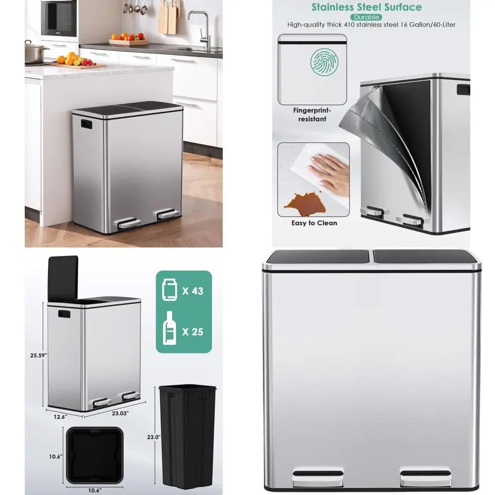 Cestino per Rifiuti da Cucina in Acciaio Inox da 60L con Scomparti Separati per Riciclaggio e Contenitori Interni in Plastica, Coperchio a Chiusura Morbida, Ermetico, Sil