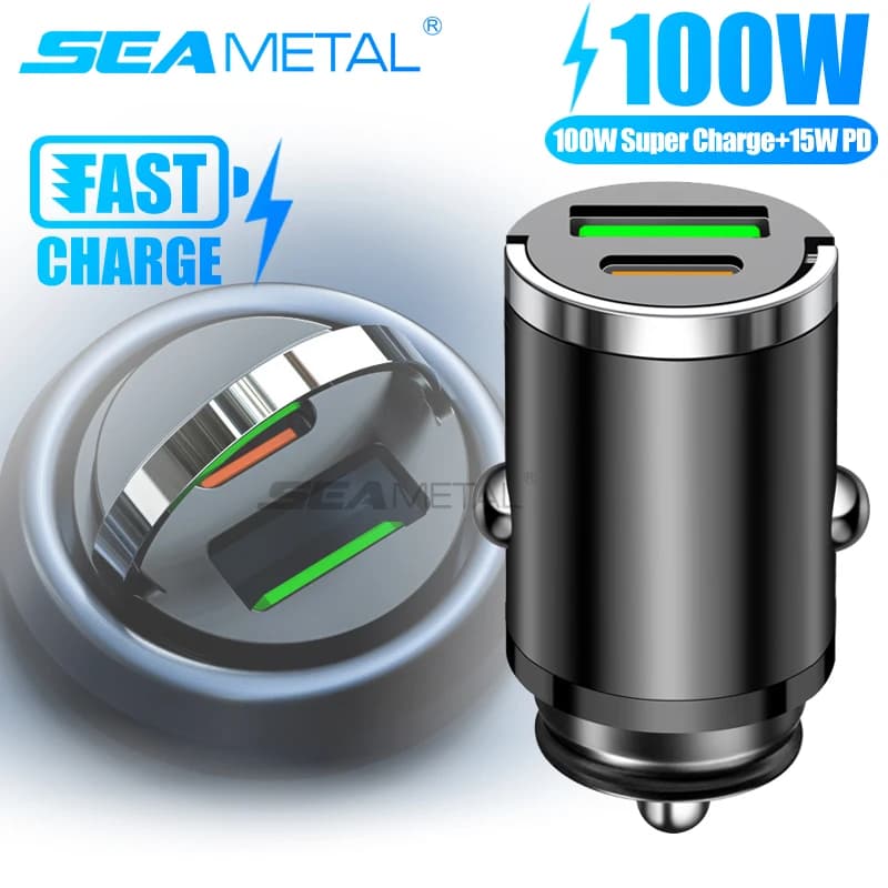 SEAMETAL Caricatore USB per auto nascosto da 100 W Super Charge Adattatore per accendisigari con doppia porta USB Caricatore PD da 30 W per iPhone iPad Android