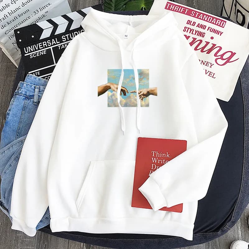 Nuova Felpa Sportiva Colorata con Cappuccio, Design Stampato 'Mano di Dio e Mano di Adamo', Personalizzabile con Disegno Personalizzato