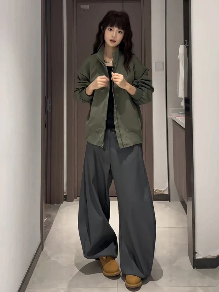 Military Green American Pilot Collar Jacket Unisex Early Autumn Outerwear High-End Feeling Cool Baseball Uniform Long Sleeve