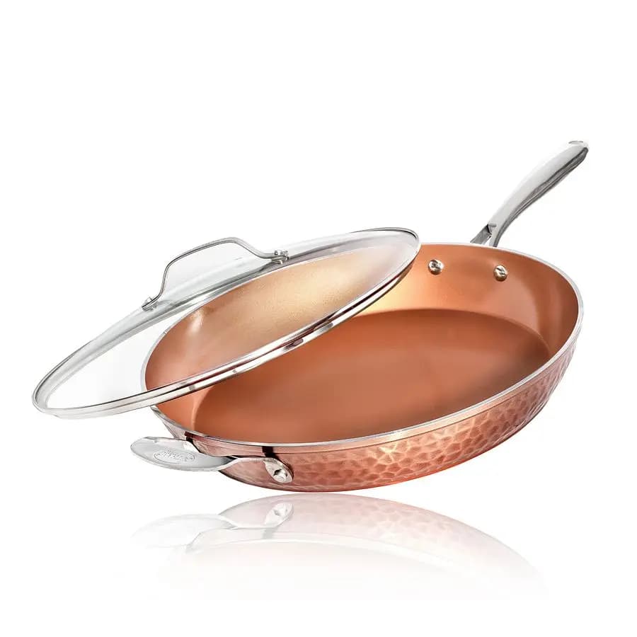 Copper Anti-adhesive Padella Martellato 14 Pollici con Coperchio, Ceramic Coating and Induction Plate for a Uniform Heat Extension