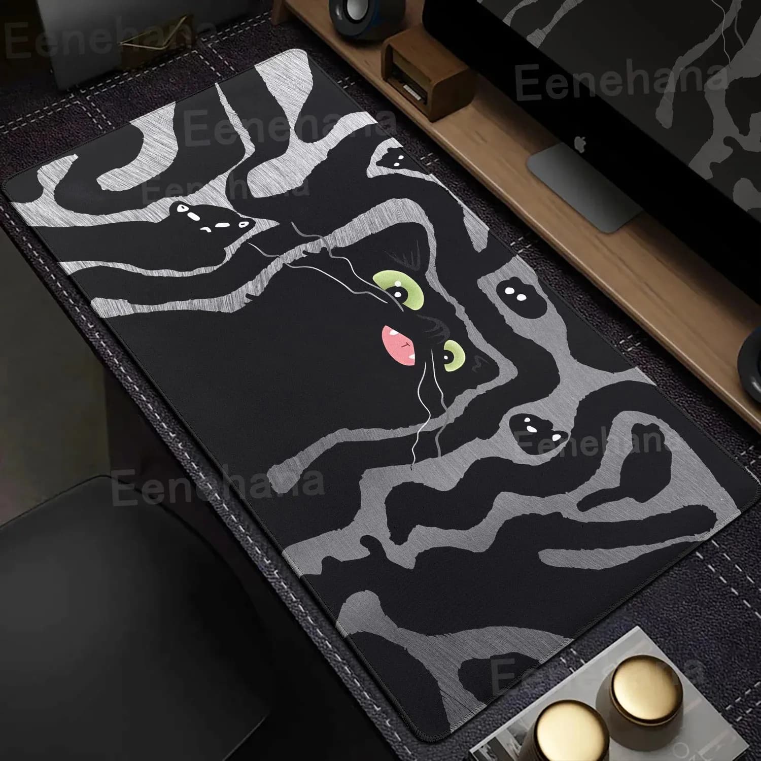 VIKAMA Black White Abstract Art Black Cat Large Mouse Pad Trendy Style Non-slip Lock Edge Gaming Office Desk Mat