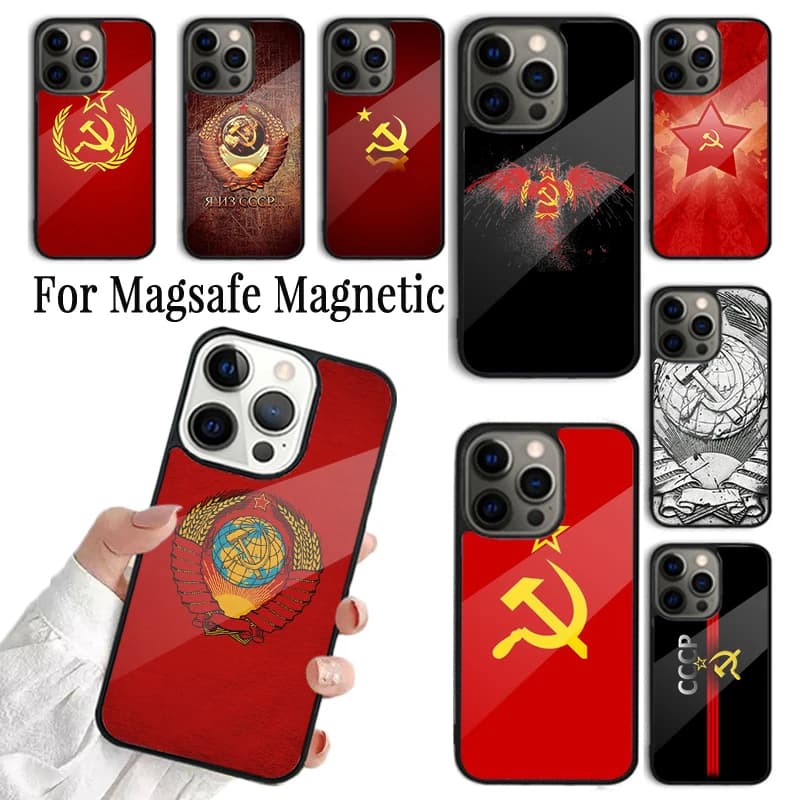 Cover per iPhone con Stampa Bandiera URSS Unione Sovietica per iPhone 17 AIR 16 15 14 13 12 11 Pro Max Plus, Custodia Magnetica Wireless Magsafe