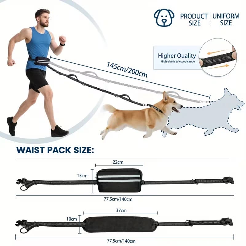 Guinzaglio per cani con marsupio, guinzaglio elastico riflettente regolabile per corsa e passeggiate