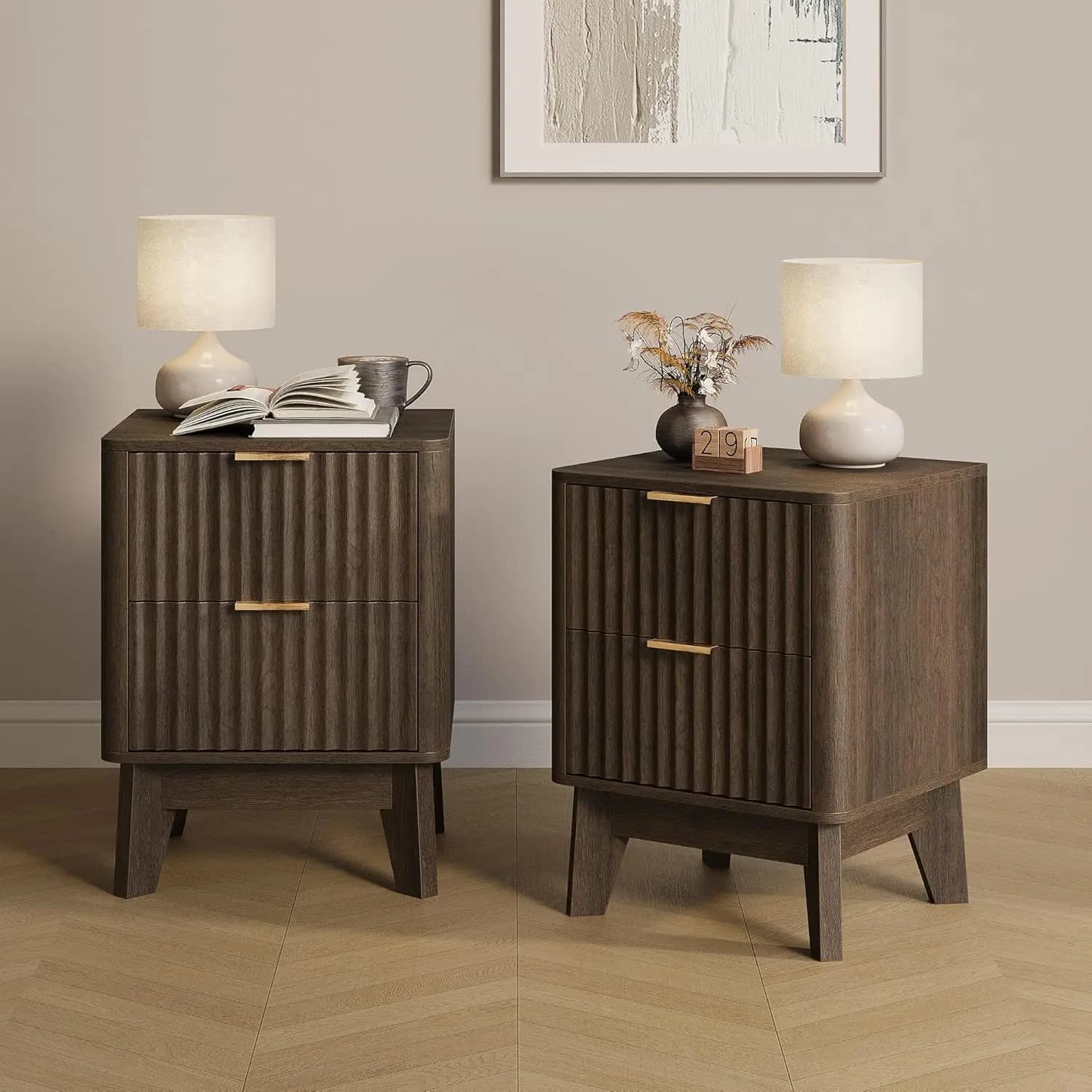 Set di 2 Comodini Scanalati, Tavolino Moderno con Maniglia in Metallo, Tavolino Laterale con 2 Cassetti Contenitori, Comodino per Camera da Letto, in Legno