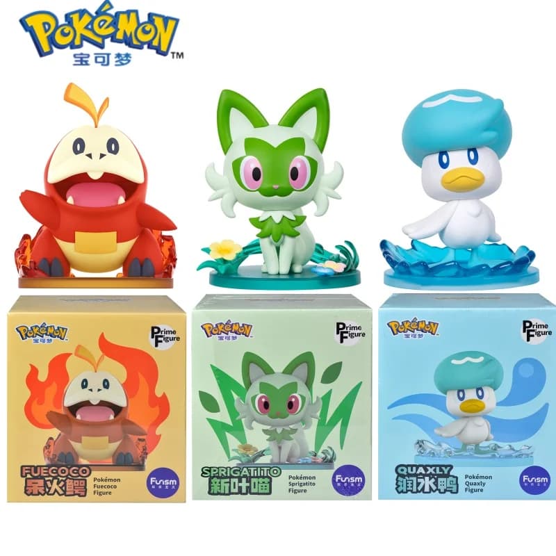 3 models of action figures Pokémon anime Sprigatito Fuecococo Quaxly, large size, original, desk ornaments, toy models, birthday gift