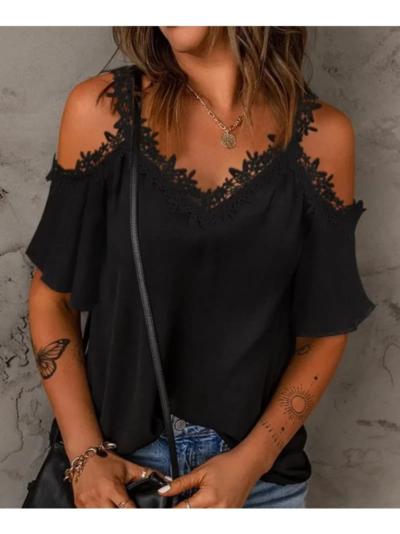 T-shirt casual a maniche corte in pizzo tinta unita estiva da donna T-shirt con scollo a V a maniche corte con spalle scoperte