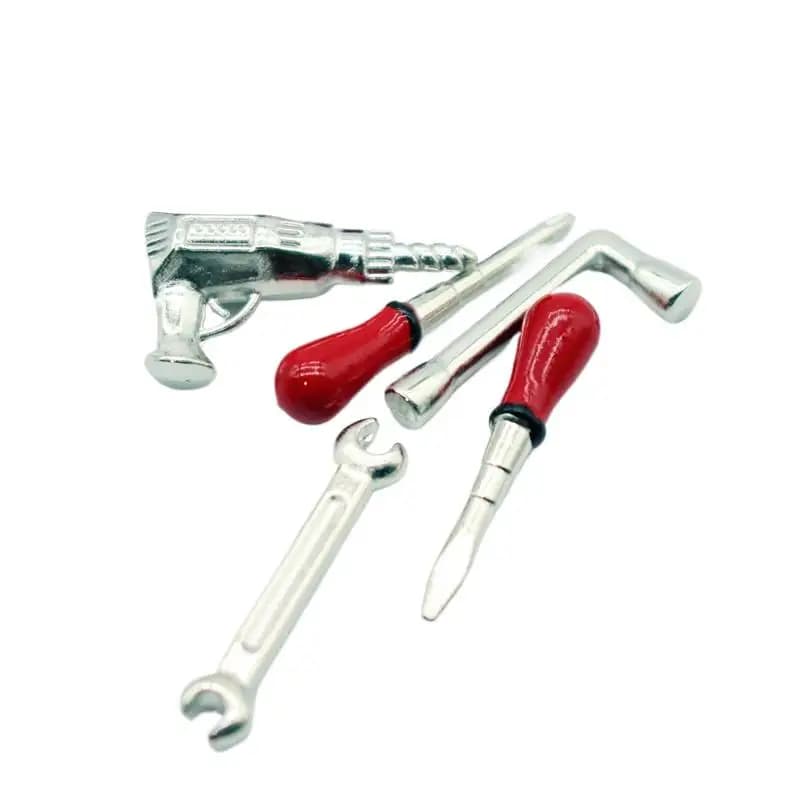 Set of five doll house repair tools: drill, English key and miniature accessories for doll house models, decorations, children's imitation game toys, gifts