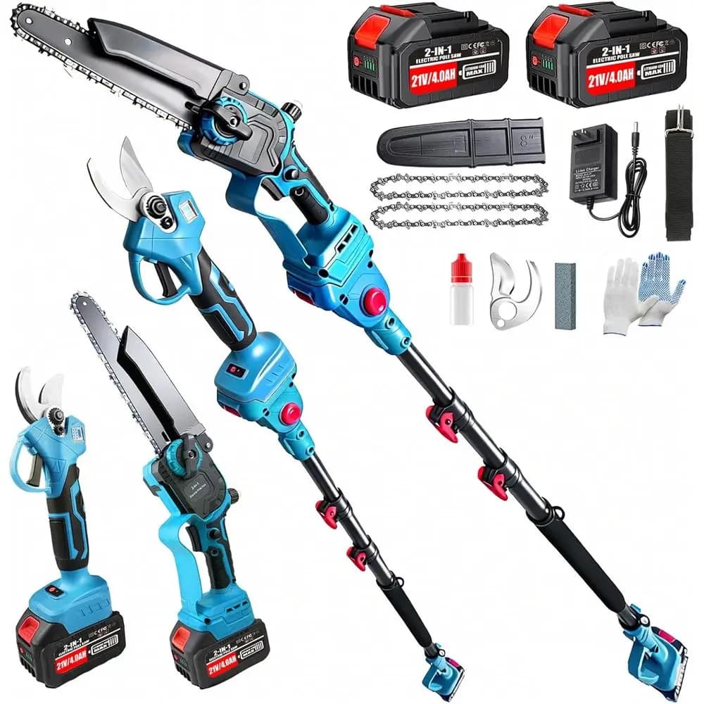 Electric pruning shears 4 in 1 and 8 inch electric saws to cut trees with 16-foot extension rod and 2×4.0 Ah battery powered,