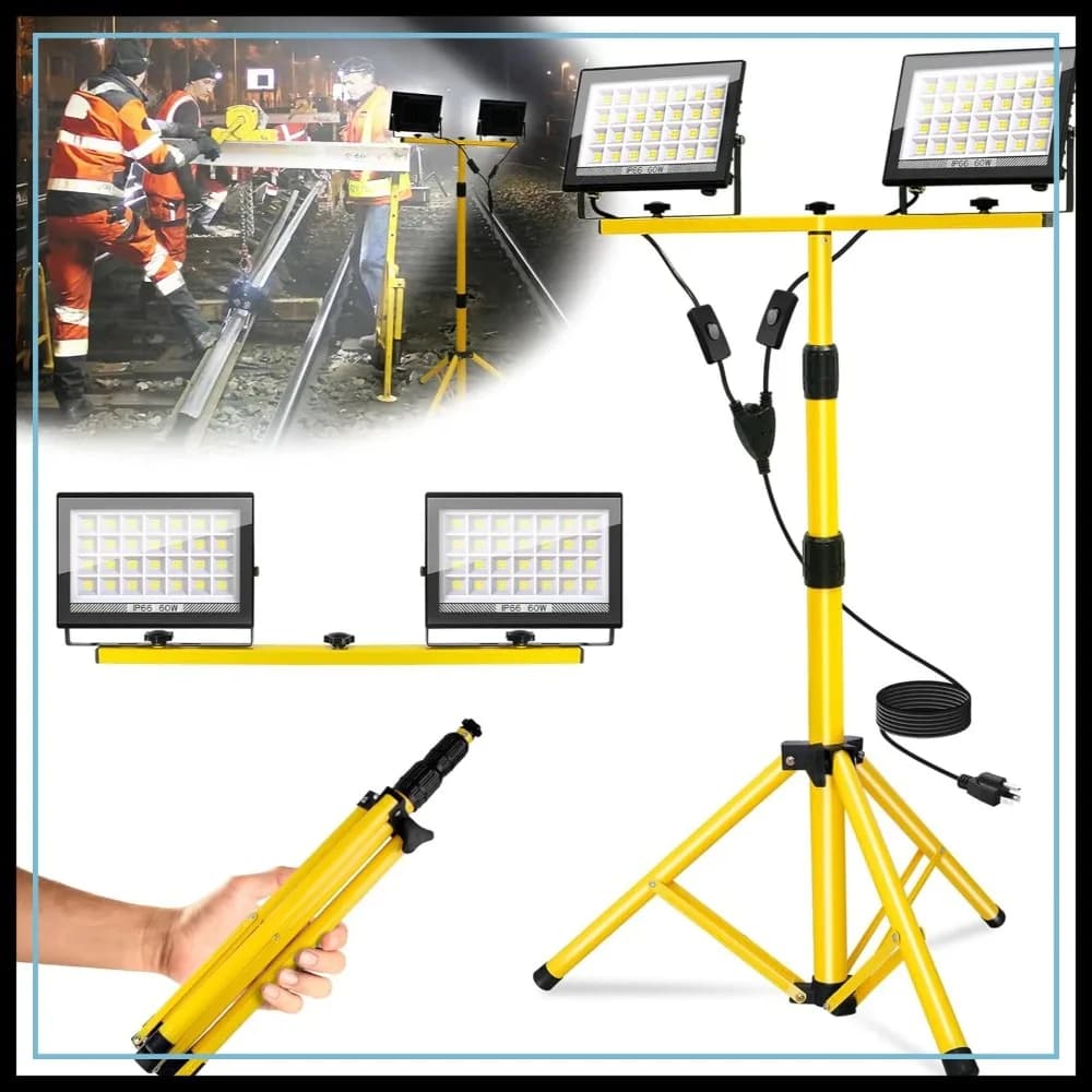 Faro da Lavoro LED a 2 Teste da 21000 Lumen con Treppiede, Impermeabile IP66 Portatile per Garage, Officina, Costruzioni