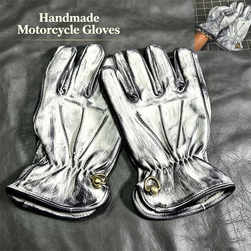 Retro White Distressed Leather Gloves Handmade Classic Vintage Style Motorcycle Riding Gloves for Bikers