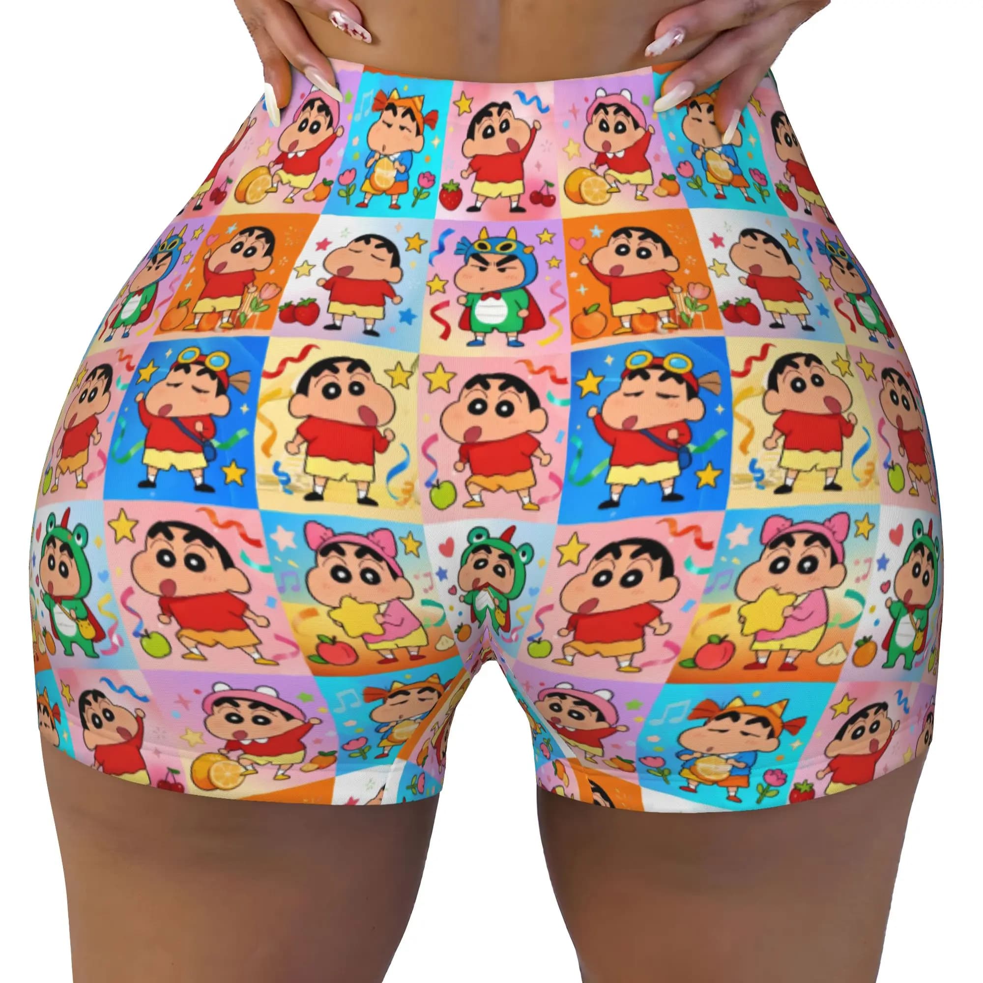 Checkered Plaid C-Crayon S-Shin C-Chan Volleyball Biker Workout Shorts for Women Anime Athletic Gym Yoga Shorts