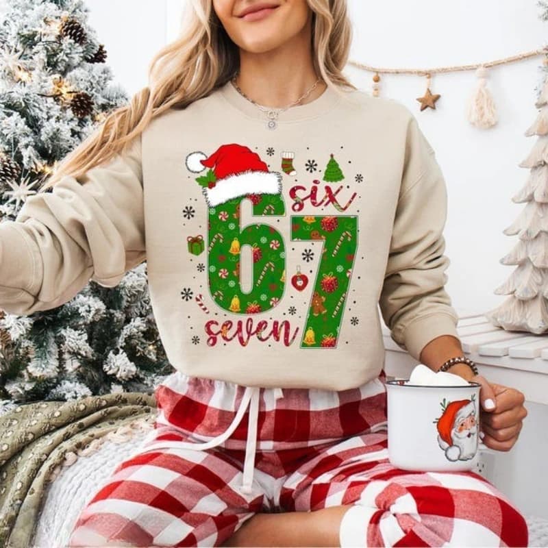 Funny Meme Christmas Hat Sweatshirt Six Seven Merry Christmas 6 7 Meme Viral Z Gen Alpha Trend Autumn and Winter Thermal Hoodie