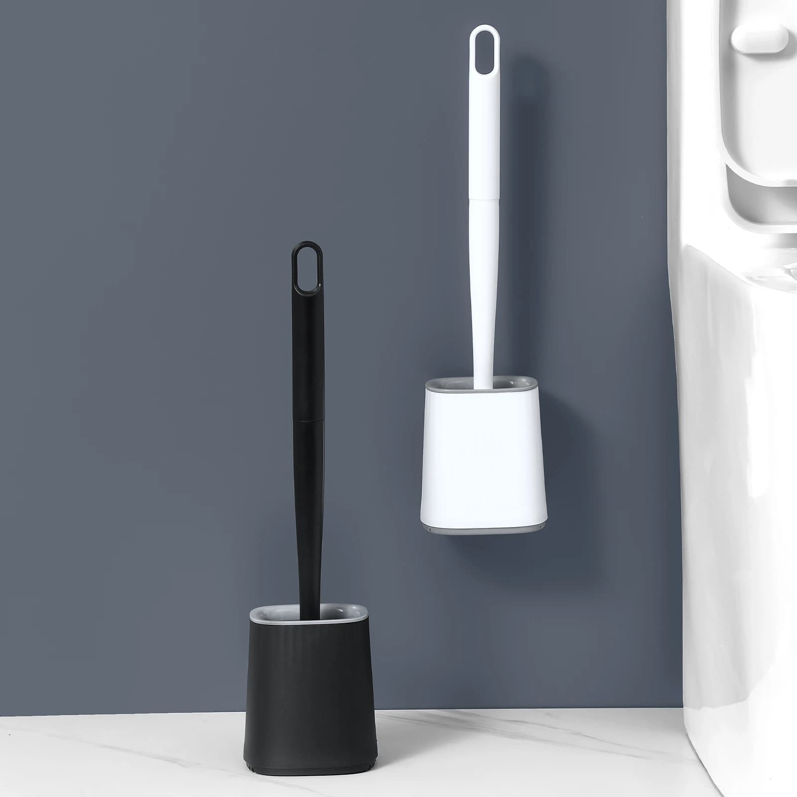 Set di spazzola per WC con setole in silicone e supporto - Testa flessibile, dimensioni compatte per riporlo facilmente, strumento per la pulizia del bagno