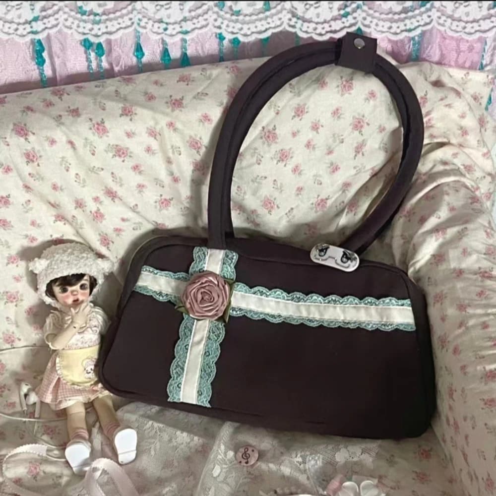2026 New Retro Lace Rose Handbag Women's Shoulder Bag Korean Ins Style Niche Design Commuting Bag