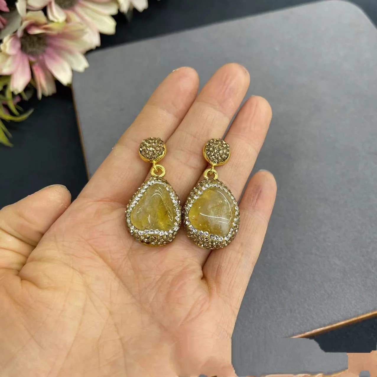 Set di Gioielli in Cristallo Giallo Citrino alla Moda per Donne, Collana con Perle Incastonate, Bracciale, Anelli, Orecchini, Gioielli in Pietra per Feste